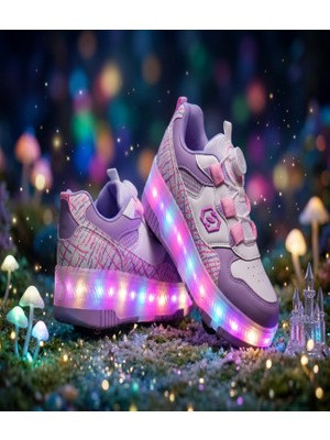 Tonny Black Çocuk Unisex Pembe Lila Rahat Kalıp Logo Detaylı Paten Işıklı Spor Ayakkabı