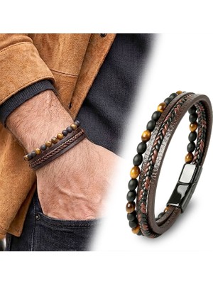 Fm 💎 Premium Kahverengi Parlak Oniks & Kaplangözü Çoklu Erkek Deri Bileklik - 21 cm 31832B7D16