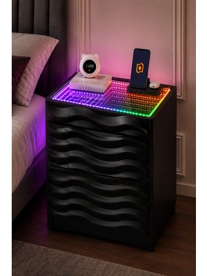 Cebese Komodin 3D LED Işıklı Kumandalı Rgb Ledli Modern - Siyah Renk
