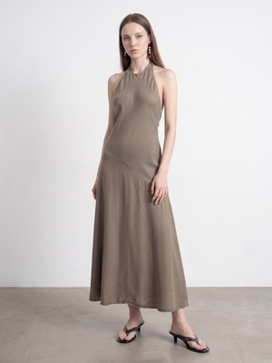 Dilvin 90591 %100 Lyocell Halter Yaka Elbise-Kahve