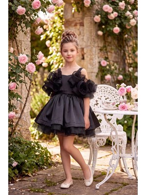 Butik Happy Kids Kız Çocuk Abiye Siyah Saten Kat Kat Kabarık Prenses Volanlı Abiye Elbise 5-10 Yaş