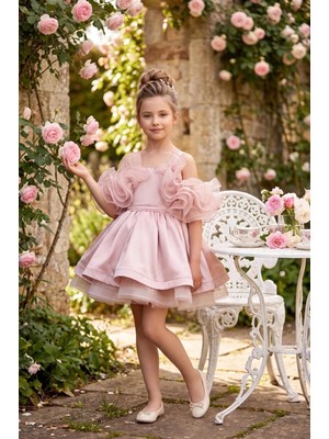 Butik Happy Kids Kız Çocuk Abiye Pudra Saten Kat Kat Kabarık Prenses Volanlı Abiye Elbise 5-10 Yaş