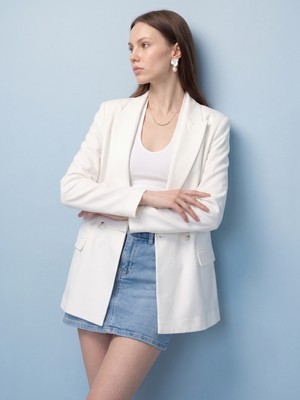 Dilvin 60812 Saten Blazer Ceket-Beyaz