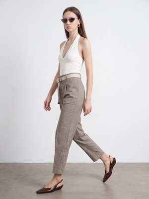 Dilvin 72729 Keten Karışımlı Kemerli Pantolon-Bej