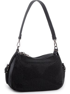 Nas Bag Kadın Omuz ve Çapraz Çanta Çok Gözlü Şık Tasarım (28X18 Cm) Siyah  Taşlı