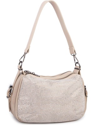 Nas Bag Kadın Omuz ve Çapraz Çanta Çok Gözlü Şık Tasarım (28X18 Cm) Kum Taşlı