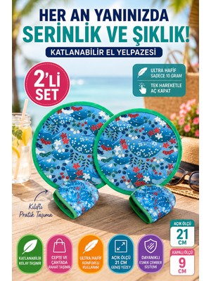 Open City 2'li Çiçek Desenli Katlanabilir El Yelpazesi Kılıflı Yuvarlak Cep Yelpazesi Otomatik Açılır Hafif Pratik