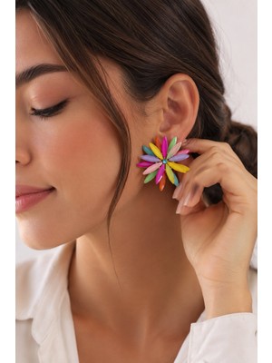 Solenya Lotus Model Karışık Renk Kristal Taşlı Kadın Küpe