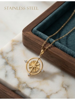 Stainless Steel 316L Çelik Zincir Gold Renk Zincir Zirkon Taşlı Pusula Model Kolye