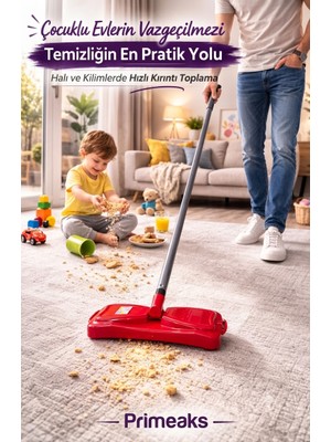 Primeaks Pratik Gırgır Halı ve Kilim Temizleyici - 120 cm Uzun Gri Metal Saplı Mekanik Süpürge