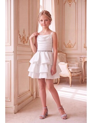 Butik Happy Kids Kız Çocuk Krem Saten Kat Kat Volanlı Abiye Elbise Taş Detaylı 10-15 Yaş