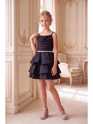 Butik Happy Kids Kız Çocuk Siyah Saten Kat Kat Volanlı Abiye Elbise Taş Detaylı 10-15 Yaş