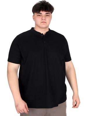 ModeXL Mode Xl Büyük Beden Erkek Hakim Yaka Tişört Waffle U20036 Siyah