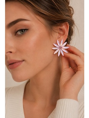 Solenya Beyaz Renk Kristal Taşlı Lotus Çiçek Model Kadın Küpe