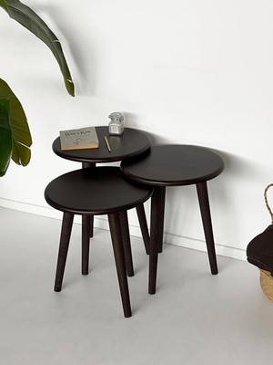 Fagus Wood Doğal Masif Yörünge Sehpa Seti - 3'lü Zigon Yuvarlak Takım (Yan, Dekoratif Sehpa) (Ceviz)