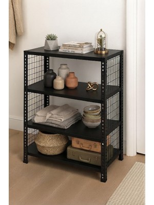 Rafburada 4 Katlı Renkli Tel Kafesli Dekoratif Çelik Raf - Çiçeklik Rafı, Ofis Rafı 0,70 mm SARI-31X60 CM-100 cm