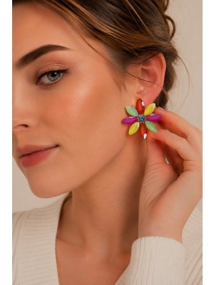 Solenya Karışık Renk Kristal Taşlı Lotus Çiçek Model Kadın Küpe