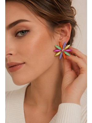 Solenya Karışık Renk Kristal Taşlı Lotus Model Kadın Küpe