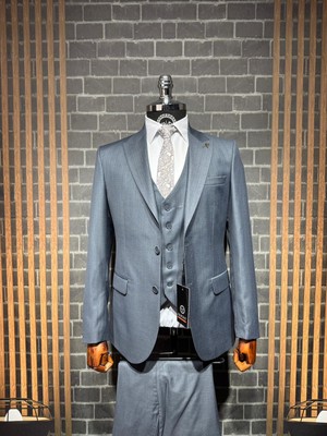 Dupont Classics Dupont Erkek Yelekli Takım Elbise - Filafil Poliviskon Slim Fit Sivri Yaka 6 Drop