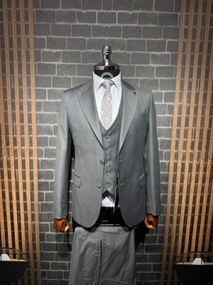 Dupont Classics Dupont Erkek Yelekli Takım Elbise - Filafil Poliviskon Slim Fit Sivri Yaka 6 Drop