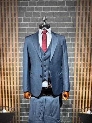 Dupont Classics Dupont Erkek Yelekli Takım Elbise - Filafil Poliviskon Slim Fit Sivri Yaka 6 Drop