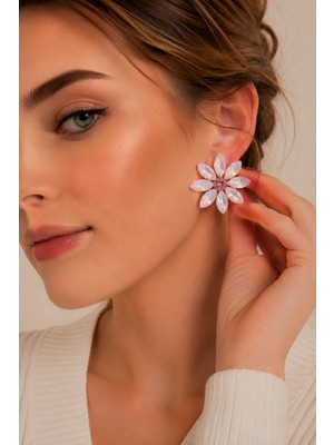 Solenya Pembe Renk Kristal Taşlı Lotus Çiçek Model Kadın Küpe
