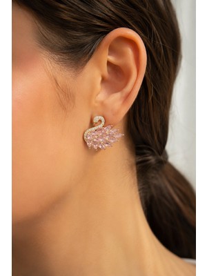Solenya Pembe Zirkon Taşlı Gold Swan Kuğu Model Kadın Küpe