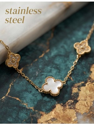 Stainless Steel 316L Çelik Zincir Gold Renk Beyaz ve Zirkon Taşlı Yonca Model Kolye