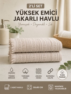 Vivesta Home 2'li Yüz Havlusu Seti 50X90 cm Pamuklu El Havlusu Püsküllü Yumuşak Dokulu Yüksek Emici Günlük Kullanım