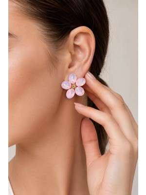 Solenya Pembe Renk Kristal Taşlı Çiçek Model Kadın Küpe