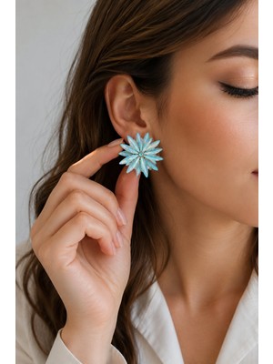 Solenya Lotus Model Buz Mavisi Renk Kristal Taşlı Kadın Küpe