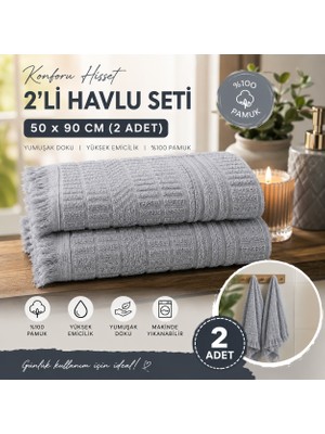 Vivesta Home 2'li Yüz Havlusu Seti 50X90 cm Pamuklu El Havlusu Püsküllü Yumuşak Dokulu Yüksek Emici Günlük Kullanım