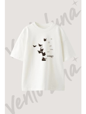 Ice Butterflies Tasarım Baskılı Unisex Oversize Kalıp Beyaz Tshirt