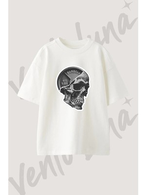 Skull Barbell Tasarım Baskılı Unisex Oversize Kalıp Beyaz Tshirt