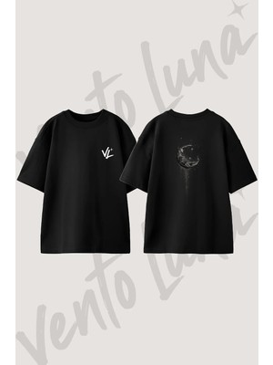 Dark Crescent Moon Tasarım Sırt Baskılı Pamuk Siyah Oversize T-Shirt