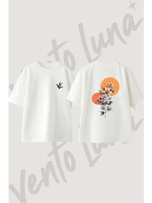 Botanik Cizim Tasarım Sırt Baskılı Pamuk Beyaz Oversize T-Shirt