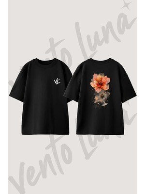 Ethereal Flower Tasarım Sırt Baskılı Pamuk Siyah Oversize T-Shirt
