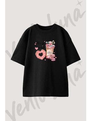 Kalp Donut Ayi Tasarım Baskılı Unisex Oversize Kalıp Siyah Tshirt