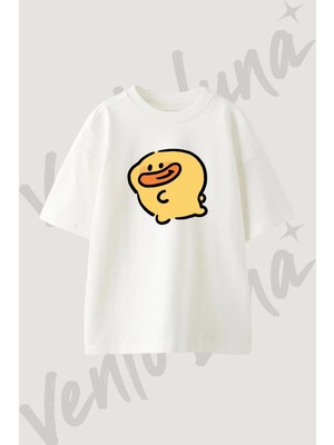 Sari Ordek Tasarım Baskılı Unisex Oversize Kalıp Beyaz Tshirt