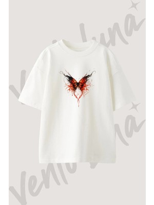 Alev Kelebek Tasarım Baskılı Unisex Oversize Kalıp Beyaz Tshirt