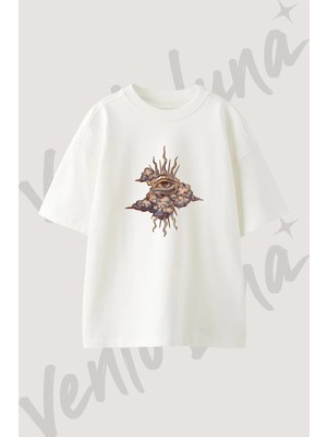 All Seeing Eye Tasarım Baskılı Unisex Oversize Kalıp Beyaz Tshirt