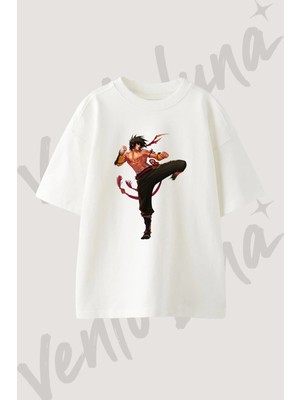 Anime Fighter Tasarım Baskılı Unisex Oversize Kalıp Beyaz Tshirt