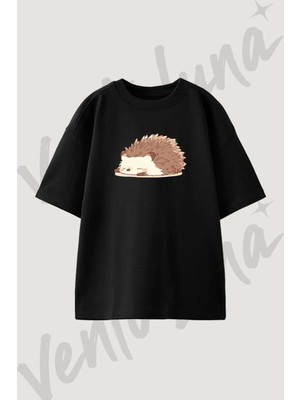 Anime Hedgehog Tasarım Baskılı Unisex Oversize Kalıp Siyah Tshirt