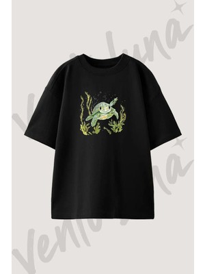 Sea Turtle_4 Tasarım Baskılı Unisex Oversize Kalıp Siyah Tshirt
