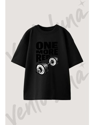 One More Rep Tasarım Baskılı Unisex Oversize Kalıp Siyah Tshirt