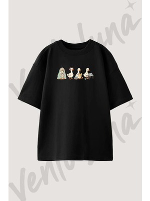Cute Ducks Tasarım Baskılı Unisex Oversize Kalıp Siyah Tshirt