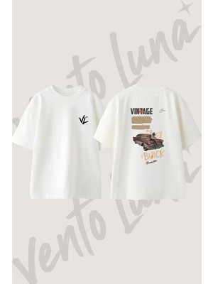 1957 Buick Tasarım Sırt Baskılı Pamuk Beyaz Oversize T-Shirt