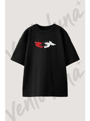 Motokros Ates Kanat Tasarım Baskılı Unisex Oversize Kalıp Siyah Tshirt