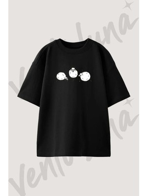 Sheep Yoga Tasarım Baskılı Unisex Oversize Kalıp Siyah Tshirt