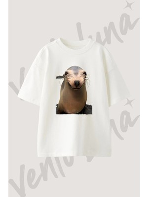 Sea Lion Tasarım Baskılı Unisex Oversize Kalıp Beyaz Tshirt